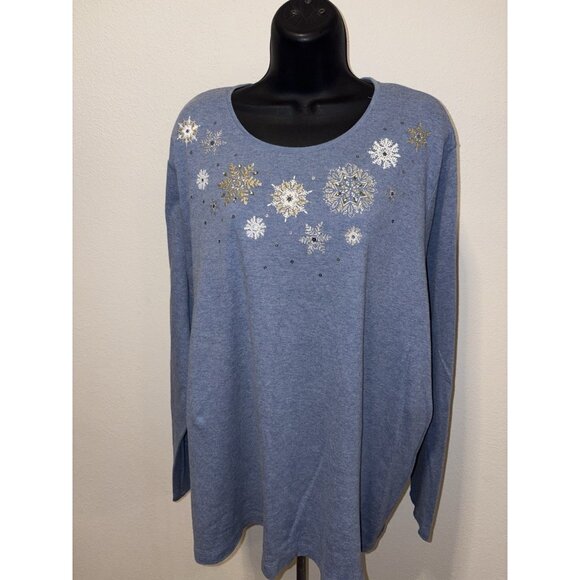 Croft & Barrow Womens Plus Size 3X Top Long Sleeve Winter Snowflake Accents Blue - Picture 1 of 8